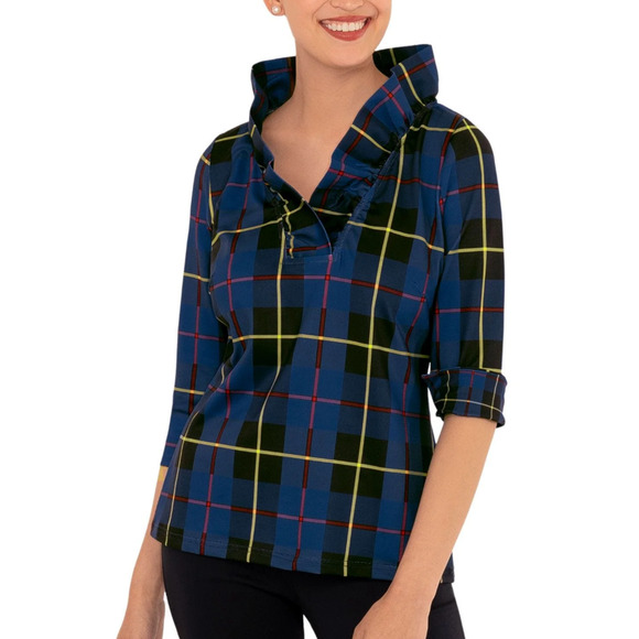 Gretchen Scott Ruff Neck Collar Plaidly Cooper Blue Blouse Size Medium - Picture 1 of 7
